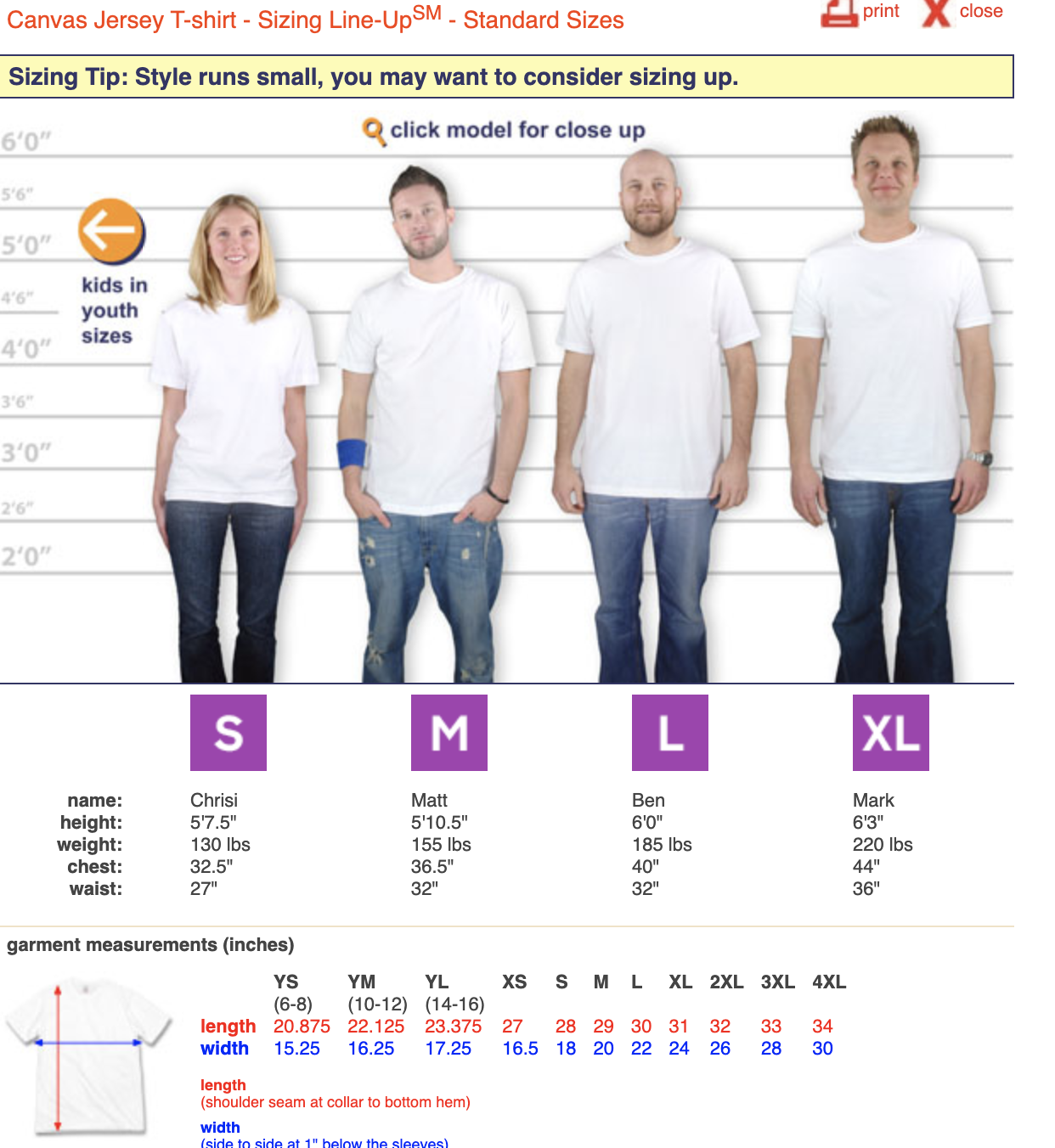 t-shirt sizes